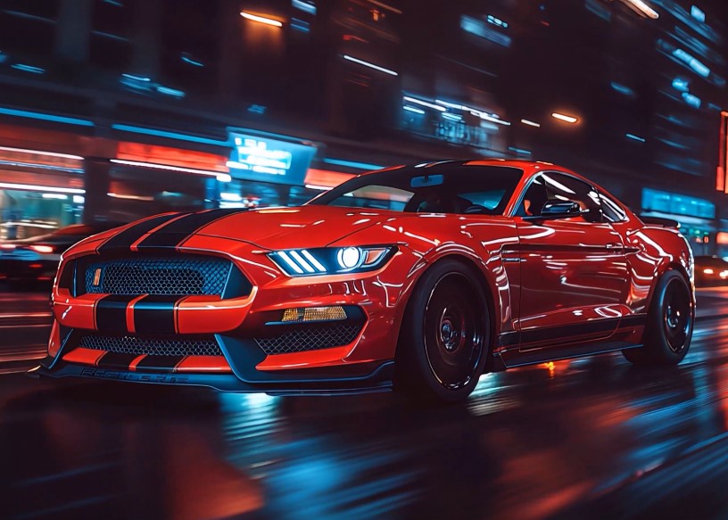 Magnifique voiture rouge de nuit dans la ville fond d'écran nouvelle génération interactive en 3D et 4K